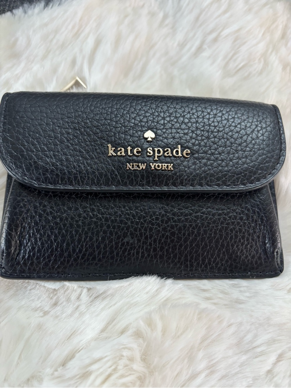 kate spade Black Pebbled Leather Fold Wallet with Gold Logo